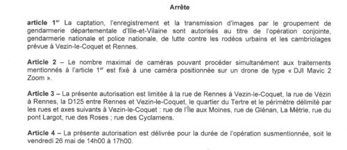 arrêté préfectoral du 26 mai 2023 autorisant la captation, l’enregistrement et la transmission d’images au moyen de caméras installées sur des aéronefs